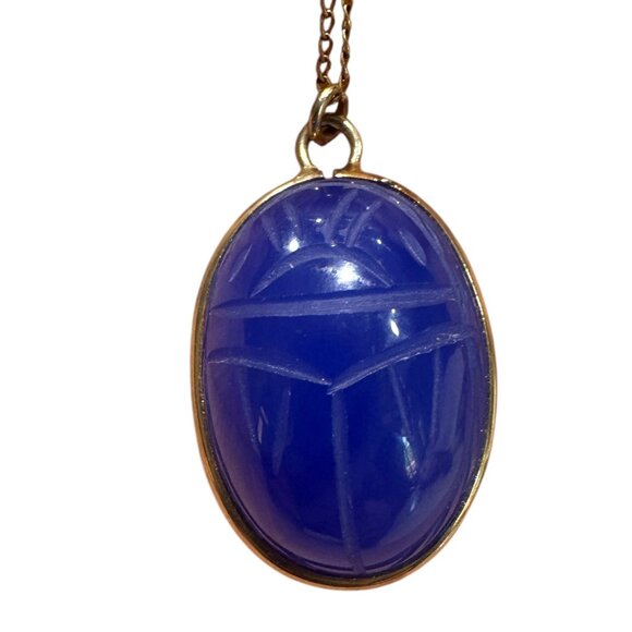 Lapis Lazuli Blue Scarab Vintage 1950s Gold Pendant & Necklace By WE Richards - Picture 1 of 13